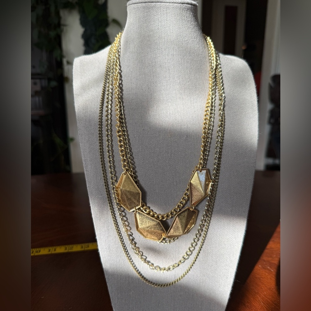 Gold Tone, Geometric, Layered, Art Deco, Statement Necklace. New! Designer!